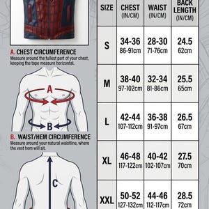 May include: A red and blue vest with a spider web pattern and a black spider emblem on the chest. The image includes a garment measurement chart with sizes S through XXL, detailing chest, waist, and back length in inches and centimeters.