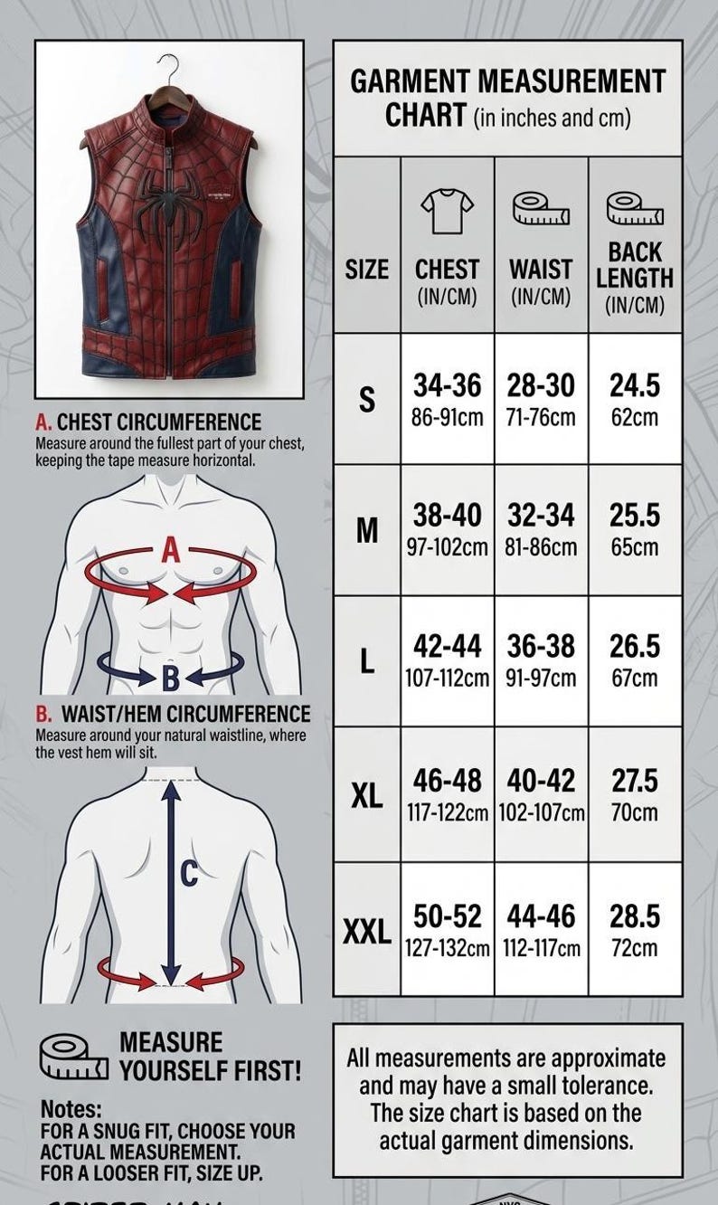 May include: A red and blue vest with a spider web pattern and a black spider emblem on the chest. The image includes a garment measurement chart with sizes S through XXL, detailing chest, waist, and back length in inches and centimeters.