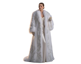 White Faux Fur Embroidered Long Coat