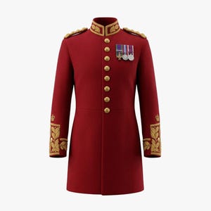 May include: A formal red coat with gold trim and buttons. The coat features ornate gold embroidery on the cuffs and shoulders, along with several medals pinned on the chest. The coat has a high collar and a tailored fit.
