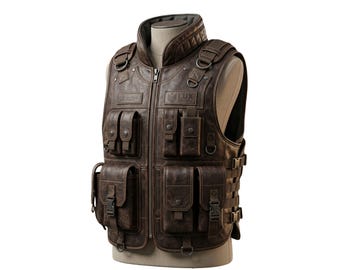 Męska brązowa skórzana kamizelka taktyczna – wojskowa kamizelka motocyklowa