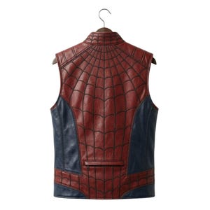 May include: A sleeveless vest featuring a red and blue color scheme with a black spiderweb pattern across the red sections. The garment has a high collar, a structured design, and a horizontal zippered pocket detail on the lower back panel.