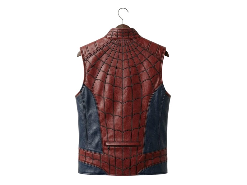 May include: A sleeveless vest featuring a red and blue color scheme with a black spiderweb pattern across the red sections. The garment has a high collar, a structured design, and a horizontal zippered pocket detail on the lower back panel.