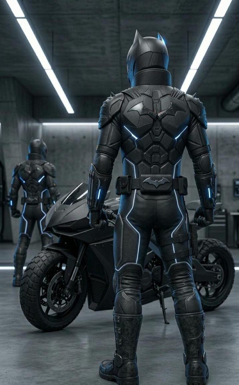 Puede incluir: Un traje negro de Batman con un s&iacute;mbolo de murci&eacute;lago en el pecho y un cintur&oacute;n de herramientas, de pie junto a una motocicleta negra. El traje tiene detalles en azul brillante y un casco con orejas de murci&eacute;lago. Otra figura con un traje similar est&aacute; en el fondo.