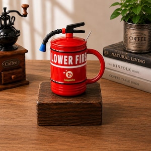 May include: A red ceramic mug shaped like a fire extinguisher with a lid, a black handle, and a blue nozzle. The mug features white text that reads LOWER FIRE and a small graphic of a flame with the words Extinguish fire printed below it.