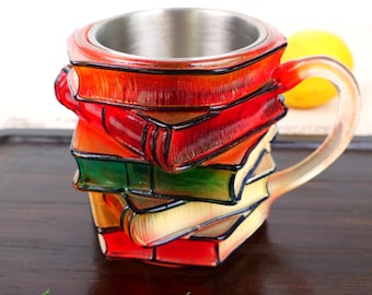 Tazza da caffè con libri impilati, tazza letteraria 3D per casa, ufficio o angolo lettura