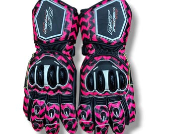 Luvas de corrida de motociclismo RST Tractech Evo Style em couro rosa e preto
