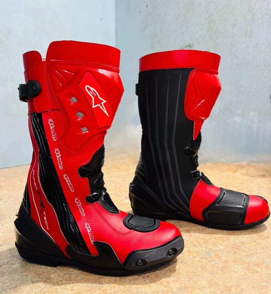 Red Color Boots For Riding Red Black Motorcycle Racing Boots Full Length Leather Motorbike Riding ...