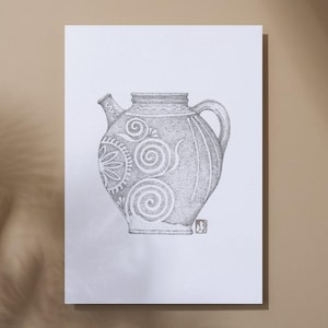 May include: A black and white dot art illustration of a ceramic jug. The jug features a spout, handle, and decorative spiral and floral patterns. The artwork is on a white background.