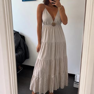 Women's Beige Boho Maxi Dress – V-neck With Thin Straps – Flowy Summer Dress – Open Back – Beach Dress – Made in Italy – Sun Brooch