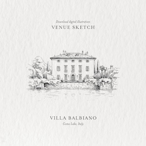 Può includere: Un disegno a tratto in bianco e nero di Villa Balbiano sul lago di Como, Italia. L'immagine è etichettata come "Venue Sketch" e include il testo "Download digital illustration". La villa è un grande edificio con molte finestre e una linea del tetto dettagliata.