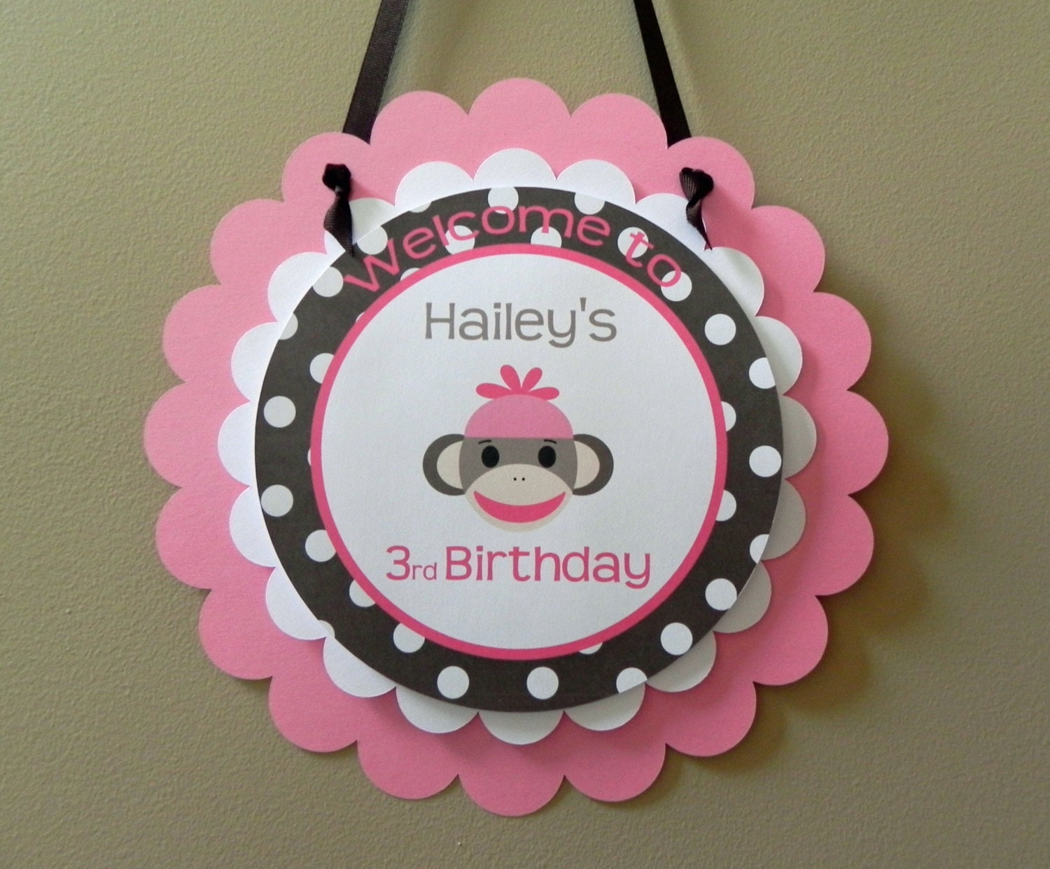 door sign pink brown sock monkey girl birthday party baby