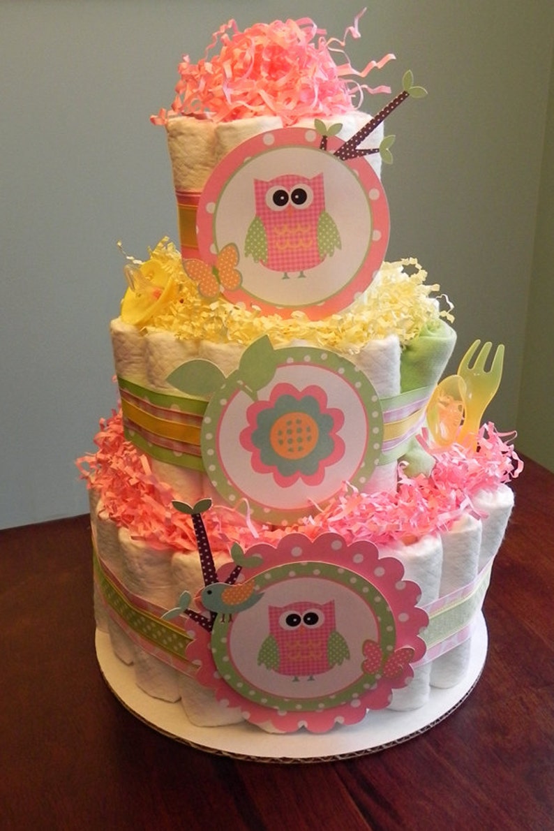 Pink Owl Baby Diaper Cake Shower Gift or Centerpiece