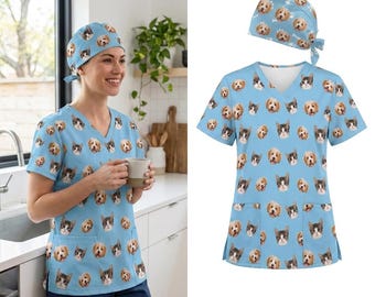 Custom Pet Portrait Scrub Top & Cap: Veterinary Medical Uniform (Personalized)