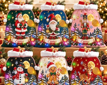 May include: Six personalized Christmas gift bags with white faux fur trim, each featuring a unique holiday character like Santa, a nutcracker, or a reindeer, and a banner with the name Emma. The text reads Personalized Christmas Gift Bags.