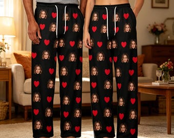 Custom Face Pajama Pants,Personalized Heart Printed Trousers,Couple Face Sleepwear