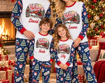 Personalized Family Christmas Pajamas, Custom Name Matching Holiday PJs, Christmas Train Pajama Set, 4 Color Family Sleepwear Gift