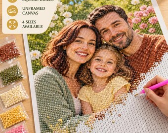 May include: A custom family diamond painting kit featuring a canvas with a printed portrait of a family of three, small bags of colored resin drills, a green plastic tray, a pink applicator pen, and a small red wax square for crafting.