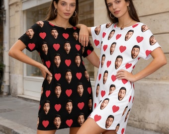 Personalized Face Pajama Dress,Custom Heart Printed Nightgown,Party Birthday Gift For Her