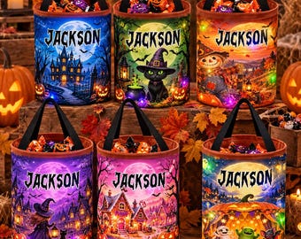 Personalized Halloween LED Basket, Custom Name Light Up Candy Bag, 6 Spooky Designs, Trick or Treat Tote
