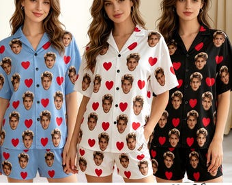 Custom Face Pajama Set,Personalized Heart Printed Sleepwear with Photo,Birthday Party Gift