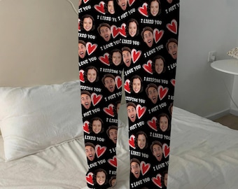 Personalized Photo Pajama Pants, Custom Face & Heart Design, Funny Valentine Gift for Him or Her