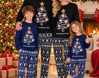 Personalized Family Christmas Pajamas, Custom Photo Face Pajama Set, Family Name Matching Holiday PJs