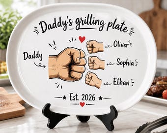 Personalized Daddy's Grilling Plate – Custom Fist Bump Design with Kids Names – Father’s Day Gift