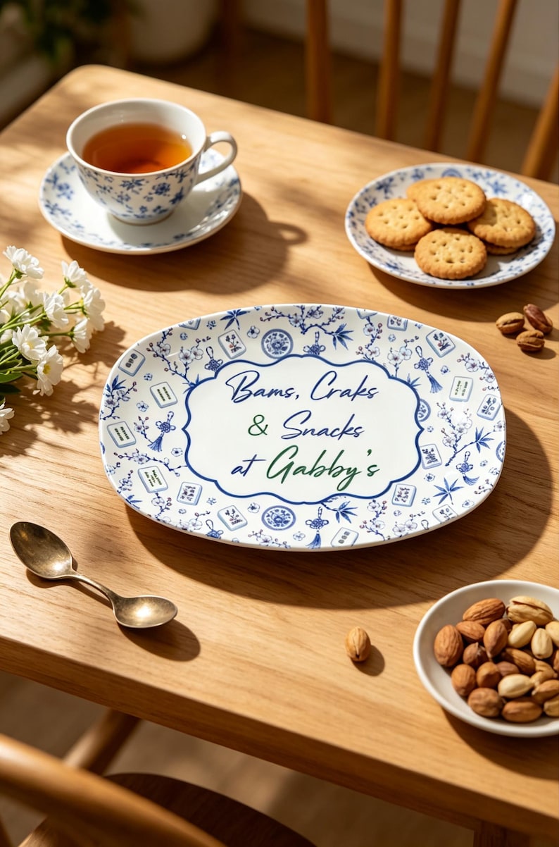 Puede incluir: Una bandeja de servicio ovalada de cer&aacute;mica blanca con un patr&oacute;n azul de flores y fichas de mahjong, con un borde decorativo central que contiene el texto Bams, Craks & Snacks at Gabby's en letras azules y verdes sobre una superficie de madera.