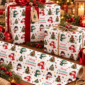 Papel de regalo navideño personalizado, papel de regalo con nombre personalizado, papel de regalo navideño con muñeco de nieve, papel de regalo navideño personalizado