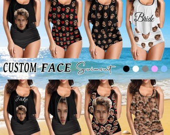 May include: A collection of custom face swimsuits in various designs. The swimsuits feature a black or white base with a ruffled top, and the face of a person is printed on the front. Some designs include hearts or the word "Bride". The text "CUSTOM FACE Swimsuit" is also visible.