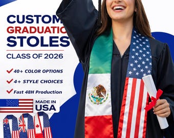 Custom Dual Heritage Graduation Stole – Mexico USA Flag Sash, Class of 2026