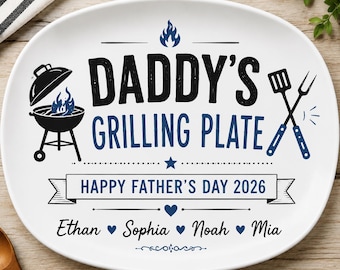 Daddy’s Grilling Plate,Personalized White Ceramic BBQ Plate,Add Children Names,Custom Father’s Day Gift