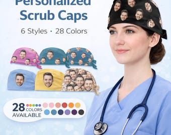 Custom Face Scrub Cap Personalized Photo Surgical Hat Funny Nurse Gift Doctor Surgeon Vet Dental Cap with Picture 6 Styles 28 Colors