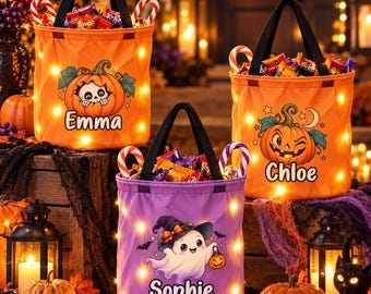 Personalized LED Halloween Basket, Custom Name Light Up Candy Bag, Orange or Purple Trick or Treat Tote, Halloween Party Gift