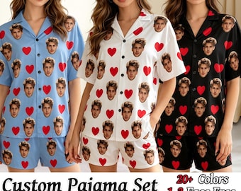 Custom Face Pajama Set,Personalized Heart Printed Sleepwear with Photo,Birthday Party Gift