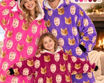 Custom Face Blanket Hoodie, Personalized Photo Wearable Blanket, Custom Pet Face Hoodie, Oversized Fleece Hoodie, Cozy Photo Gift
