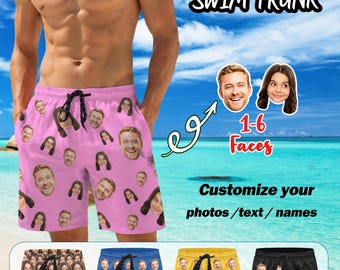 May include: Customizable swim trunks in pink, blue, yellow, and black, featuring a repeating pattern of printed faces. The trunks include a black drawstring waist. Text on the image reads: CUSTOM SWIM TRUNK, 1-6 Faces, Customize your photos/text/names.