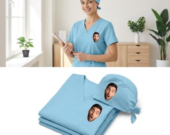 Custom Scrub Set with Face Print, Personalized Surgical Cap and Top, Nurse Gift