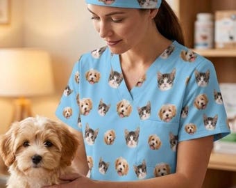 Custom Dog Face Scrub Top Personalised Pet Portrait Scrubs Veterinary Uniform Cat Photo Medical Uniform Nurse Gift Custom Scrub Cap