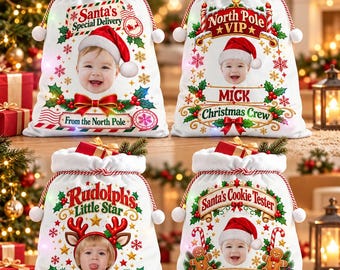 May include: Four white fabric Christmas gift sacks with drawstring closures and plush white trim. Each sack features a personalized child's face, festive holiday graphics, holly, ribbons, and text including Santa's Special Delivery, North Pole VIP, Rudolph's Little Star, and Santa's Cookie Tester.