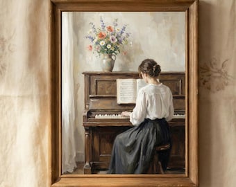 Cuadro de mujer tocando el piano, arte vintage de pianista, decoración de pared para sala de música (descarga digital)