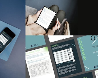 May include: A smartphone, notebook, and wireless earbuds rest on a blue surface. A tablet is held with a stylus, and several workbooks are displayed. The workbooks have teal and white covers with text and diagrams.