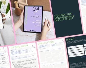 May include: An image featuring a smartphone and a tablet displaying workbook pages. The tablet shows the text "From Intention to Action" and "Workbook". Other pages include "Energy vs Time", "The One Thing", and "OKR-Setting". The color scheme is primarily white, pink, and black.