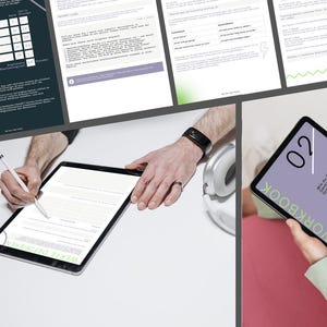 Könnte beinhalten: Digitale Arbeitsbuchseiten und ein Tablet, das ein Arbeitsbuchcover mit dem Text "Reframing Your Mind" anzeigt. Das Bild zeigt eine Person, die einen Stift auf einem Tablet verwendet, sowie weitere Arbeitsbuchseiten.