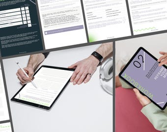 Peut inclure: Pages de cahier d'exercices numériques et une tablette affichant une couverture de cahier d'exercices avec le texte "Reframing Your Mind". L'image comprend une personne utilisant un stylet sur une tablette et d'autres pages de cahier.