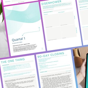 Könnte beinhalten: Eine Sammlung digitaler Dokumente sowie ein Smartphone und ein Tablet, die geschäftsbezogene Inhalte anzeigen. Die Dokumente tragen Titel wie "Quartal 1", "The One Thing" und "90-Day Closing". Das Farbschema umfasst Blau-, Lila- und Weißtöne.