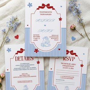Suite de faire-part de mariage avec ruban Coquette, lot de faire-part de mariage vintage quelque chose de bleu, jeu de cartes avec détails RSVP en toile modifiable, 5 x 7