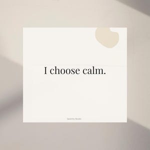 Op de afbeelding: Een vierkante, cr&egrave;mekleurige print met de tekst "I choose calm." in zwarte letters. Een kleine, lichtbeige vorm bevindt zich in de rechterbovenhoek. De woorden "Serenity Studio" staan onderaan.
