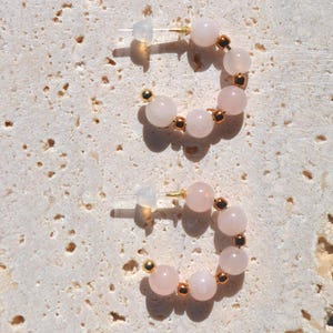 Madagascar Rose Quartz Beaded Earrings, Soft Pink Gemstone Stud Earrings, Hypoallergenic Resin Post, Minimalist Feminine Jewelry